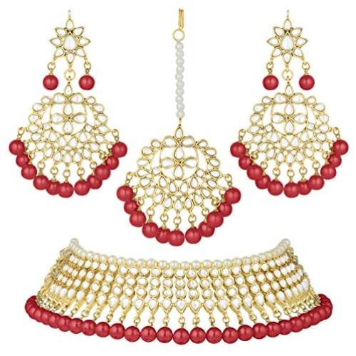 Aheli Wedding Wear Kundan Beaded Choker Necklace Set with Maang Tikka Indian Jewelry for Women Girls