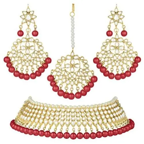 Aheli Wedding Wear Kundan Beaded Choker Necklace Set with Maang Tikka Indian Jewelry for Women Girls