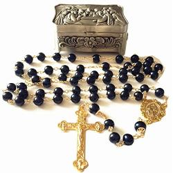 elegantmedical Black AAA+10mm Real Pearl BEADS GOLD ROSARY CROSS Necklace & box Catholic GIFTS