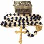 elegantmedical Black AAA+10mm Real Pearl BEADS GOLD ROSARY CROSS Necklace & box Catholic GIFTS
