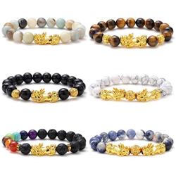 JEWPARK 6 Pcs Feng Shui Pixiu Good Luck Bracelets for Men Women Natural Gemstone Healing Energy Pi Yao Dragon Charm Beaded Bracelet Attach Wealth Money Jewelry