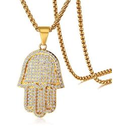 Mealguet Jewelry Gold Plated Stainless Steel Iced Out Crystal Studded Hamsa Hand of Fatima Pendant Necklace for Men with Chain