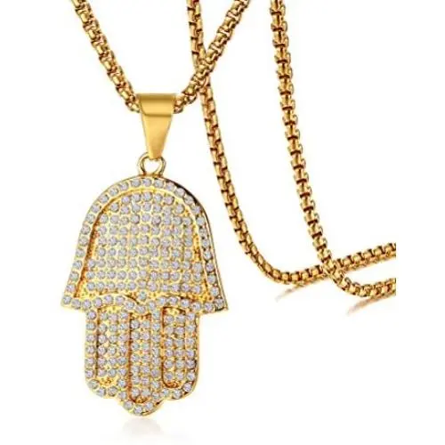 Mealguet Jewelry Gold Plated Stainless Steel Iced Out Crystal Studded Hamsa Hand of Fatima Pendant Necklace for Men with Chain Mealguet Jewelry Gold Plated Stainless Steel Iced Out Crystal Studded Hamsa Hand of Fatima Pendant Necklace for Men with Chain