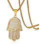 Mealguet Jewelry Gold Plated Stainless Steel Iced Out Crystal Studded Hamsa Hand of Fatima Pendant Necklace for Men with Chain
