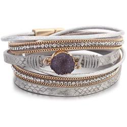FANCY SHINY Boho Wrap Bracelets Leather Cuff Bracelet Bohemian Jewelry Crystal Charms Magnetic Clasp for Women, 15.3''