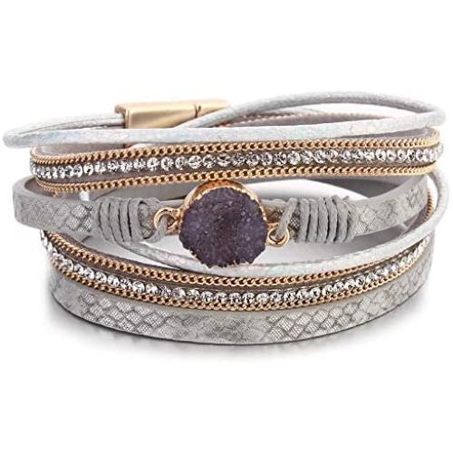 FANCY SHINY Boho Wrap Bracelets Leather Cuff Bracelet Bohemian Jewelry Crystal Charms Magnetic Clasp for Women, 15.3''