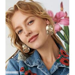 Dangle Drop Earrings for Women Fashion Big Double Circle Disc 14K Gold Filled Brushed Wave Round Hoop Statement Post Dangle French Wire Earrings Minimalist Jewelry for Girls Gift for Her