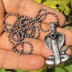 Snake Jewelry King Cobra Egyptian Uraeus Elapidae Naja haje Wadjet Serpent Viper Hidden-Wisdom Protection Amulet Pewter Mens Womens Pendant Necklace Charm for men women unisex w Silver Ball Chain