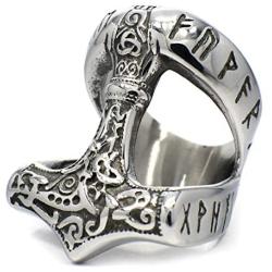 Gungneer Mammen Viking Thor Mjolnir Hammer Rune Letters Stainless Steel Ring Men Women Norse Protection Jewelry