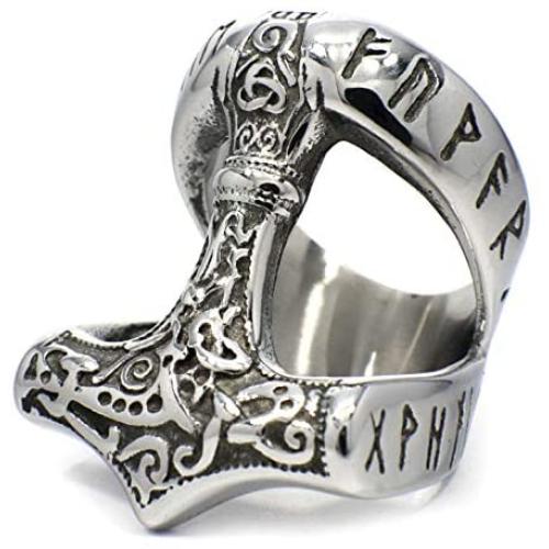 Gungneer Mammen Viking Thor Mjolnir Hammer Rune Letters Stainless Steel Ring Men Women Norse Protection Jewelry