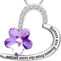 ALOV Jewelry Sterling Silver''Sisters are flowers from the same garden'' Love Heart Purple Crystal Cubic Zirconia Pendant Necklace