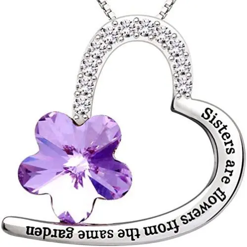 ALOV Jewelry Sterling Silver''Sisters are flowers from the same garden'' Love Heart Purple Crystal Cubic Zirconia Pendant Necklace