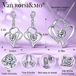 VAN RORSI&MO Jewelry Set - 14k White Gold Plated Heart Necklace and Earring Sets for Women 5A Cubic Zirconia Jewelry Sets for Women