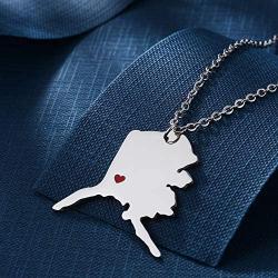 TAGOMEI Newly Silver Tone Stainless Steel map Pendant Necklace with a red Heart.