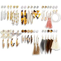 36 Pairs 17IF Boho Earring Set for Women Girls Shiny Gold Leaf Tiered Pearl Earring Hoop Leopard Dangle Earrings Jewelry for Birthday Party Christmas Happy Holiday
