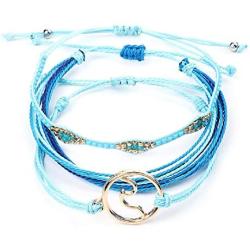 The Belchers 3pcs Wave Waterproof Braided Wax Rope Friendship Bracelets Set Seed Beads String Ocean Surfer Bangle Anklet for Women Girls Handmade Adjustable Boho Bohemian Jewelry -Wave