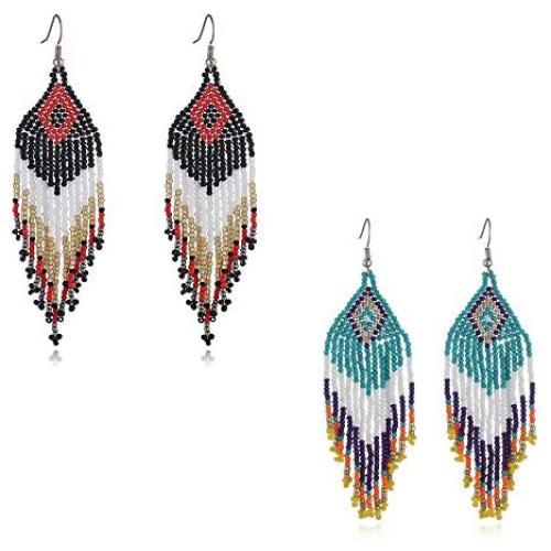 2 Pairs/Set Bohemian Long Beaded Dangle Earrings – Native Handmade Seed Bead Tassel Earrings for Women and Girls, Bohemian Large Statement Beaded Drop Fringe Earrings