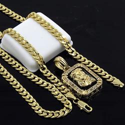 Mens Gold Plated Hip-Hop Iced Cz Black Ruby Jesus Face Pendant 5mm 24'' Cuban Chain Necklace D541