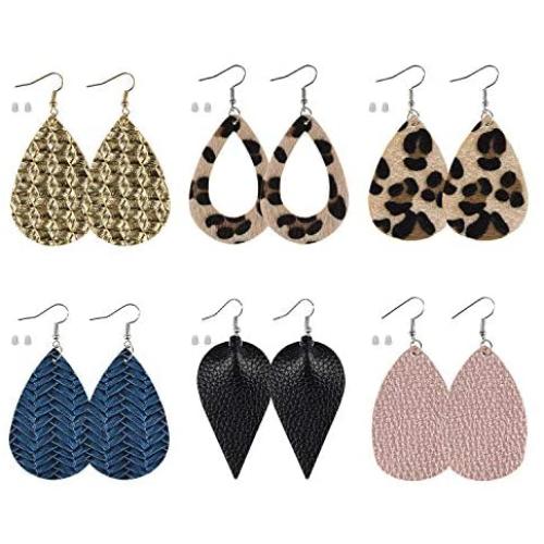 MENOLY 6 Pairs Faux Leather Earrings Set for Women Teardrop Drop Petal Leaf Dangle Earrings for Women Girls