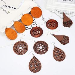 ORAZIO 6 Pairs Wood Earrings for Women Statement Dangle Drop Earrings Ethnic Teardrop Wooden Earrings Jewelry Set