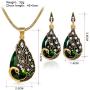 Ezing Women Gift Vintage Gold Plated Green Peacock Jewelry Set Pendant Necklace Earrings