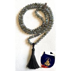 Crystal Mala Beads Necklace Reiki Healing Gem Stones Blessed & Energized Handmade 108 Buddhist Prayer Beads Buddha Beaded Necklaces Yoga Meditation Jewelry - w/Velvet Pouch ( Labradorite, 8 mm )