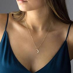 LOYATA Moon Pendant Necklace, 14K Gold Plated Coin Pendant Necklace New Moon Crescent Moon Full Moon Open Circle Hammered Pendant Necklaces for Women