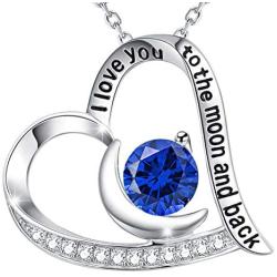 Mothers Day Necklace for Mom Birthday Gifts Love Heart Pendant Love You to the Moon and Back September Blue Sapphire Jewelry Sterling Silver Necklace
