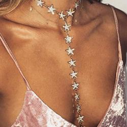 Nicute Rhinestone Long Necklaces Chain Crystal Star Y-Necklace Sexy Summer Beach Body Jewelry for Women and Girls (Gold)