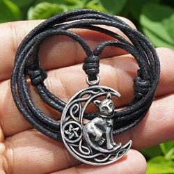 Cat Jewelry Celtic Crescent Moon Star Pentacle Pentagram Magic Wiccan Wicca Pagan Witch Witchcraft Protection Amulet Mens Pewter Pendant Necklace Lucky Good luck Charm Talisman for Men Women Girls