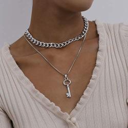 Chargances Key Pendant Necklace Multi Layer Chunky Chain Miami Cuban Link Chain Necklace for Women and Girls Ladies Sexy Jewelry for Party Daily Wearing(Silver)