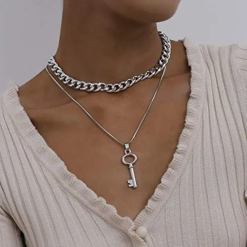 Chargances Key Pendant Necklace Multi Layer Chunky Chain Miami Cuban Link Chain Necklace for Women and Girls Ladies Sexy Jewelry for Party Daily Wearing(Silver)