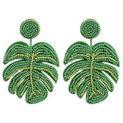 Palm Leaf Earrings Handmade Braided Beaded Dangle Earring Bohemia Tree Seed Bead Drop Earrings Resin Bridal Plant Leaves Statement Earrings for Women Girl Boho Wedding Jewelry