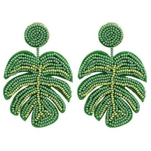Palm Leaf Earrings Handmade Braided Beaded Dangle Earring Bohemia Tree Seed Bead Drop Earrings Resin Bridal Plant Leaves Statement Earrings for Women Girl Boho Wedding Jewelry