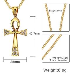 XUANPAI XP Unisex Simple Rhinestone Stainless Steel Key of The Nile Egyptian Ankh Cross Necklace for Women Men