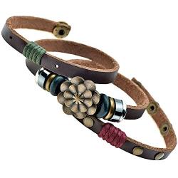 Multilayer Leather Personality Hematite Lucky Lotus Flower Snap Button Wrap Bracelet