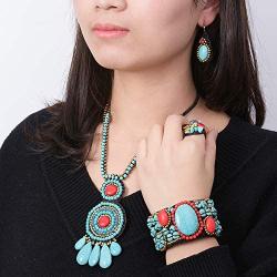 MAYTRY Original Woven Turquoise Necklace 4-Piece Set-Turquoise Necklace, Turquoise Bracelet, Turquoise Earrings, Turquoise Ring, Personalized Fashion Set