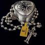 elegantmedical HANDMADE SILVER ROSE BEADS CATHOLIC Saint St Benedict ROSARY BLACK CROSS NECKLACE & NICE METAL JEWELLERY BOX