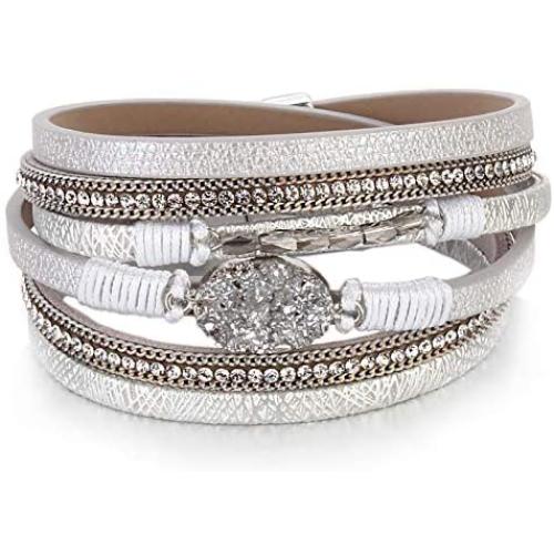 FANCY SHINY Leather Wrap Bracelet Boho Cuff Bracelets Crystal Bead Bracelet with Magnetic Clasp Jewelry Gifts for Women Teen Girls