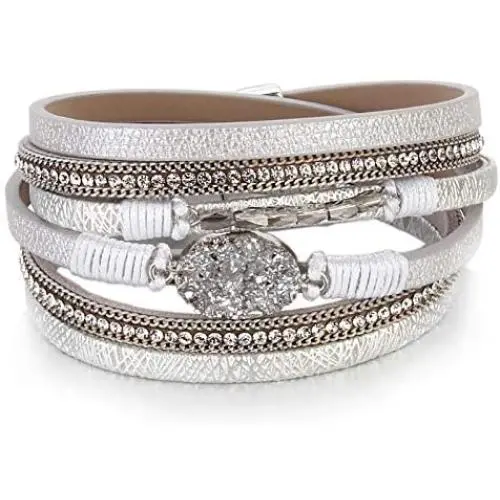FANCY SHINY Leather Wrap Bracelet Boho Cuff Bracelets Crystal Bead Bracelet with Magnetic Clasp Jewelry Gifts for Women Teen Girls