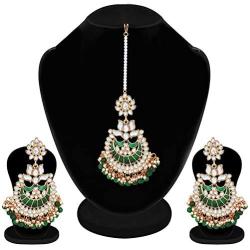 Aheli Indian Ethnic Faux Kundan Beaded Red Enamel Maang Tikka Earrings Set Wedding Fashion Jewelry for Women