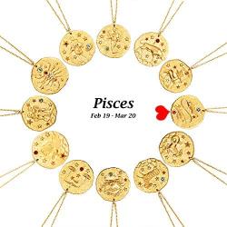 Eoumy Constellation Pendant Necklace for Women Gold Plated Astrology Horoscope 12 Constellation Zodiac Coin Necklace