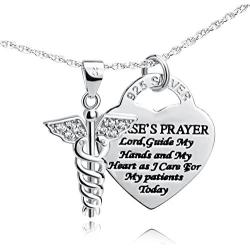 YFN 925 Sterling Silver Caduceus Angel Nursing Themed Pendant Necklace 18''