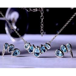 Real 925 Sterling Silver with Natural Sky Blue Tear-Drop Topaz Necklace & Earrings Set