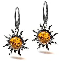Amber Sterling Silver Flaming Sun Leverback Earrings
