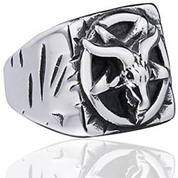 Elfasio Men Stainless Steel Rings Baphomet Goat Devil Demon Pentagram Shar Biker Vintage Jewelry