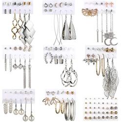 Fashion Earrings for Women Girls, Funtopia 68 Pairs Drop Dangle Earrings, Statement Stud Earrings Pearl Earrings Set for Party Jewelry Gift (Gold and Silver)