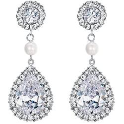 EVER FAITH Rhinestone Crystal CZ Cream Simulated Pearl Flower Tear Drop Bridal Dangle Earrings Clear Silver-Tone