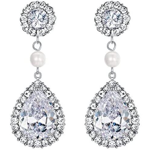 EVER FAITH Rhinestone Crystal CZ Cream Simulated Pearl Flower Tear Drop Bridal Dangle Earrings Clear Silver-Tone