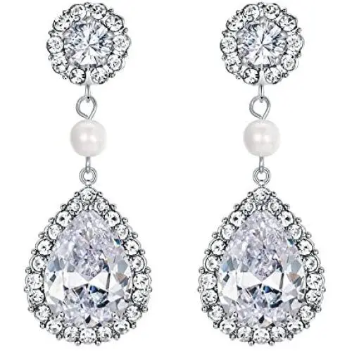 EVER FAITH Rhinestone Crystal CZ Cream Simulated Pearl Flower Tear Drop Bridal Dangle Earrings Clear Silver-Tone EVER FAITH Rhinestone Crystal CZ Cream Simulated Pearl Flower Tear Drop Bridal Dangle Earrings Clear Silver-Tone